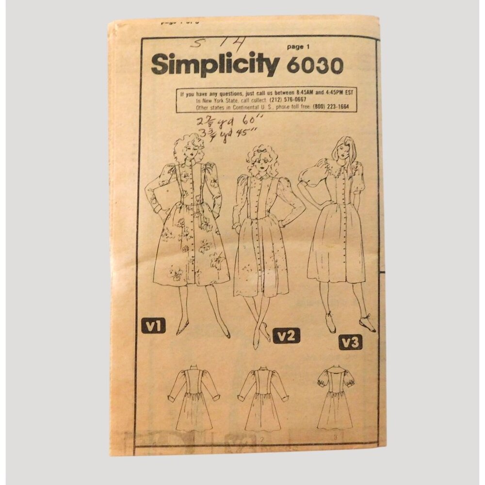 Simplicity 6030 Dress Vintage 1983 Sewing Pattern Misses 14 Uncut No Envelope